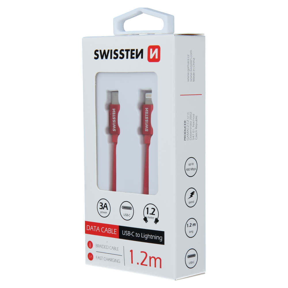 Textilný dátový kábel Swissten USB-C / LIGHTNING 1,2 M  - červený